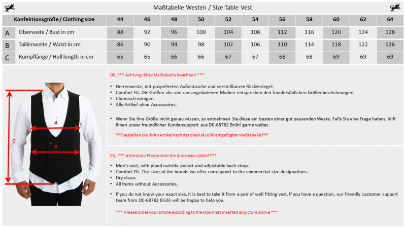 Measurements table for west