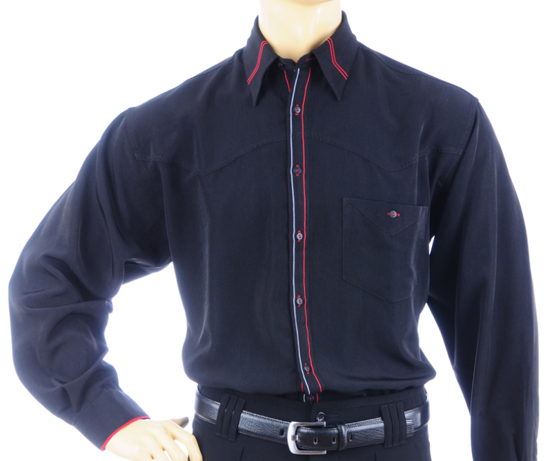 Edles schwarzes Designerhemd im Regular Fit mit farbigen Kontrasten und Button-Down-Kragen. Perfekt für Rockabilly, Retro und Tanz.