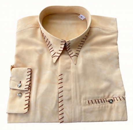 Stylisches Designerhemd in Beige-Batik mit Retro-Charme. Perfekt für Rock n Roll Tänzer und Vintage-Fans. Regular Fit mit bunten Kontrastelementen.