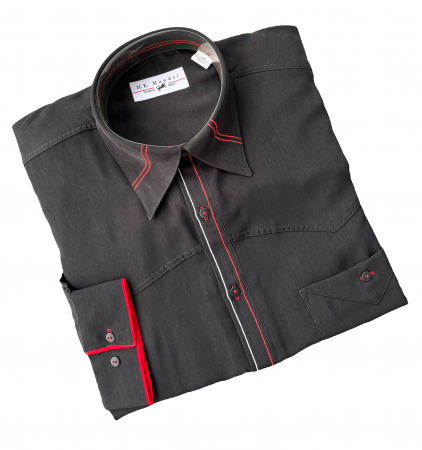 Edles schwarzes Designerhemd im Regular Fit mit farbigen Kontrasten und Button-Down-Kragen. Perfekt für Rockabilly, Retro und Tanz.