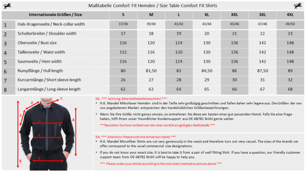 Measurements table for non-waisted shirts